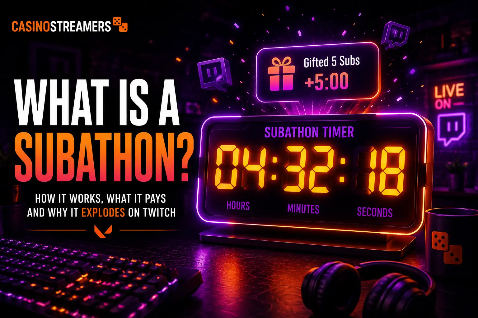 A glowing subathon countdown timer showing 4h 32m, with a "Gifted 5 Subs +5:00" notification floating above it.