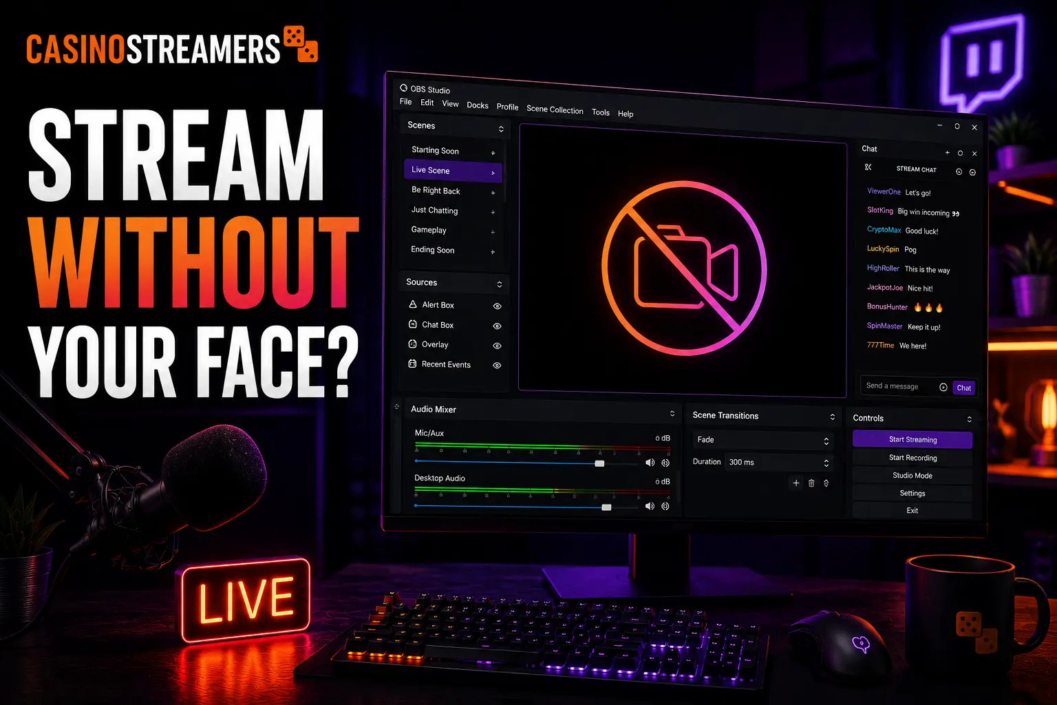 Streaming setup with OBS Studio displaying a camera-off icon, illustrating how creators can livestream without using a face cam on Twitch, Kick or YouTube.