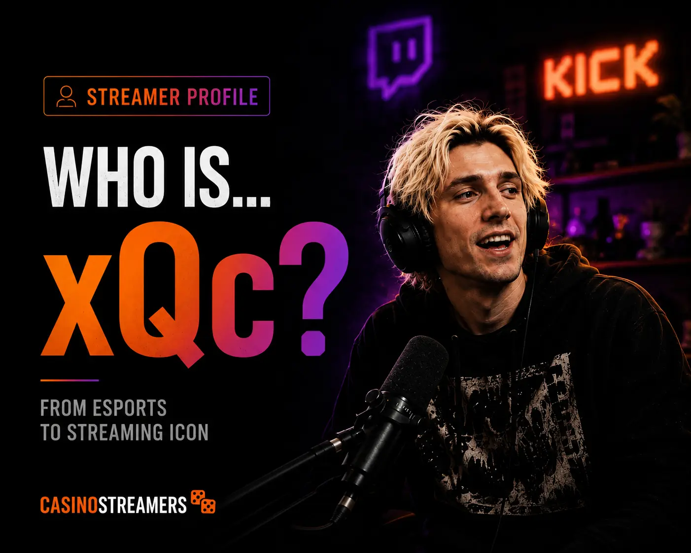 Stylized portrait of xQc with Twitch and Kick-inspired background elements illustrating his journey from professional esports player to one of the world's biggest streamers.