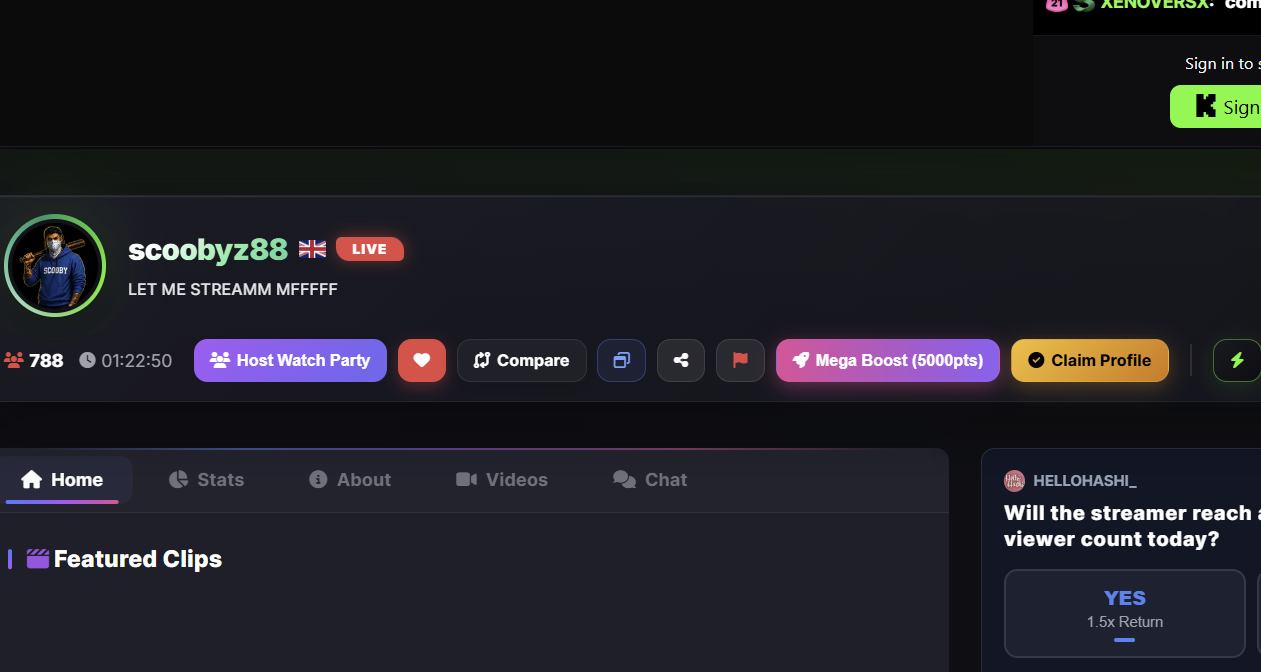 CasinoStreamers streamer profile showing the Host Watch Party button used to create a private Watch Party.
