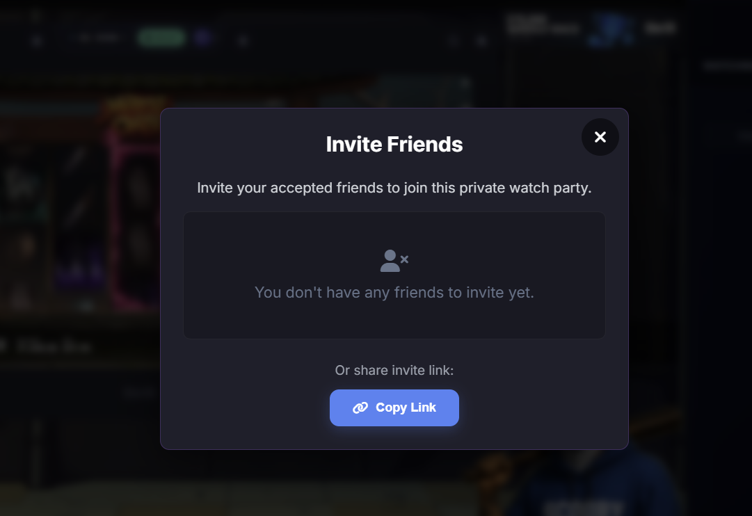 CasinoStreamers Invite Friends window showing the friends list and Copy Link option for joining a private Watch Party.