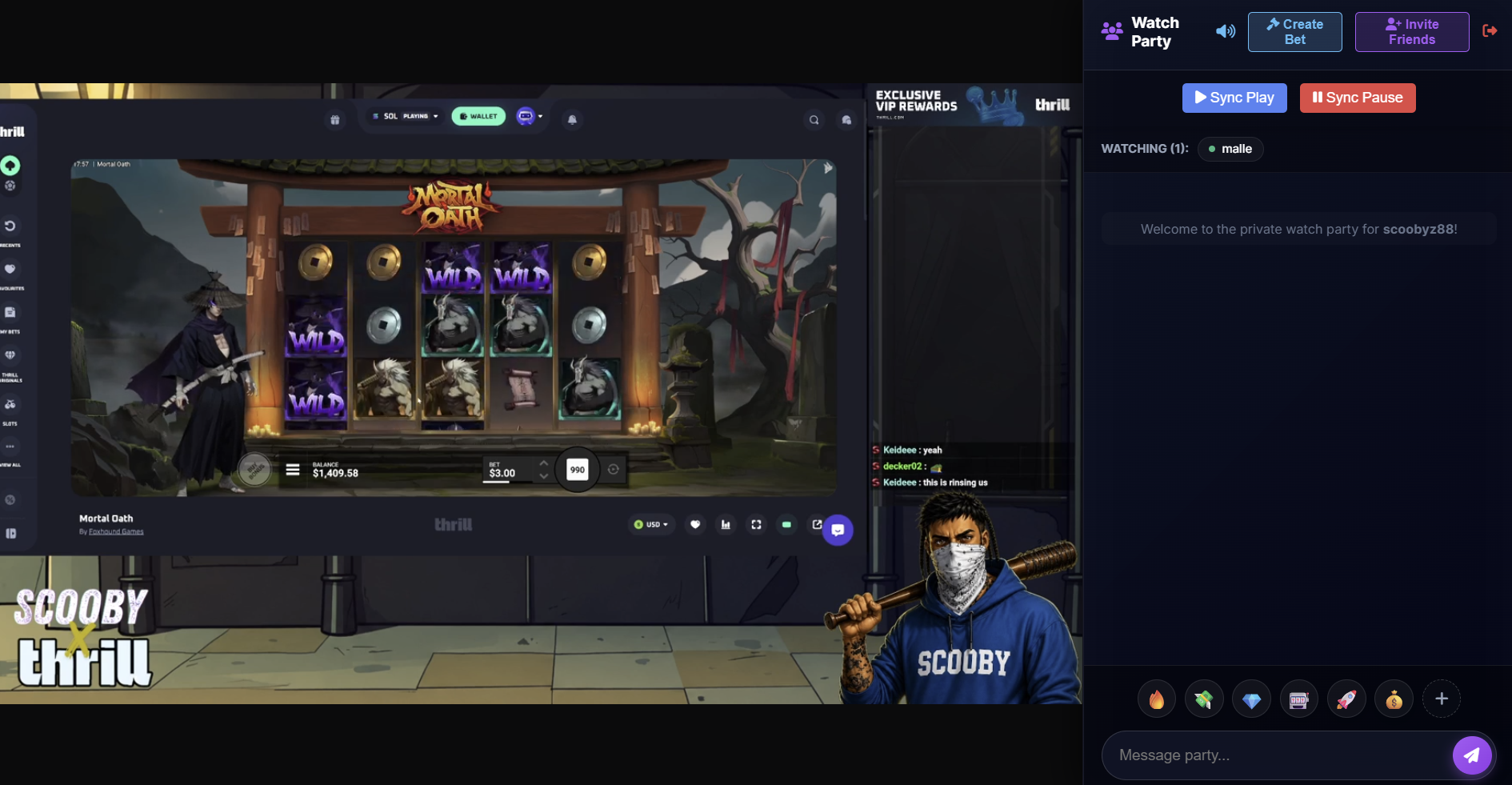 CasinoStreamers Watch Party room showing synchronized stream playback, private chat, viewer list, sync controls and Create Bet button.