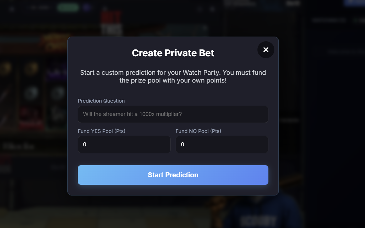 CasinoStreamers Create Private Bet window showing a custom prediction question, YES and NO point pools, and the Start Prediction button.