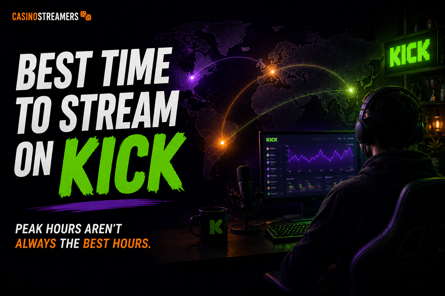 Illustration of a Kick streaming setup with a world map and global audience connections, representing the best time to stream on Kick and how audience timing varies by region.