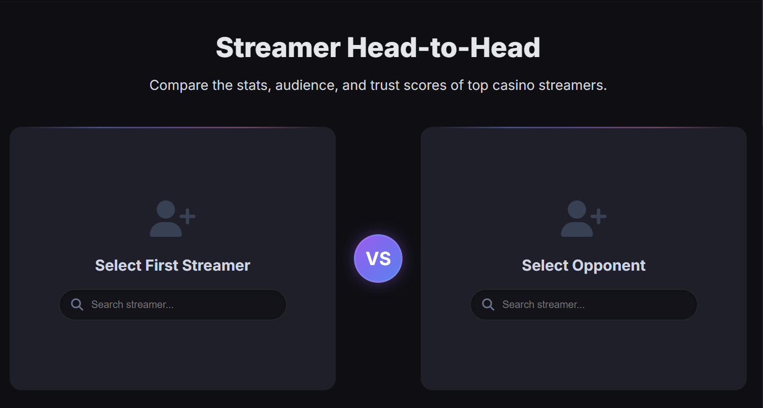 CasinoStreamers Streamer Comparison Tool showing search fields for selecting two streamers to compare head-to-head.