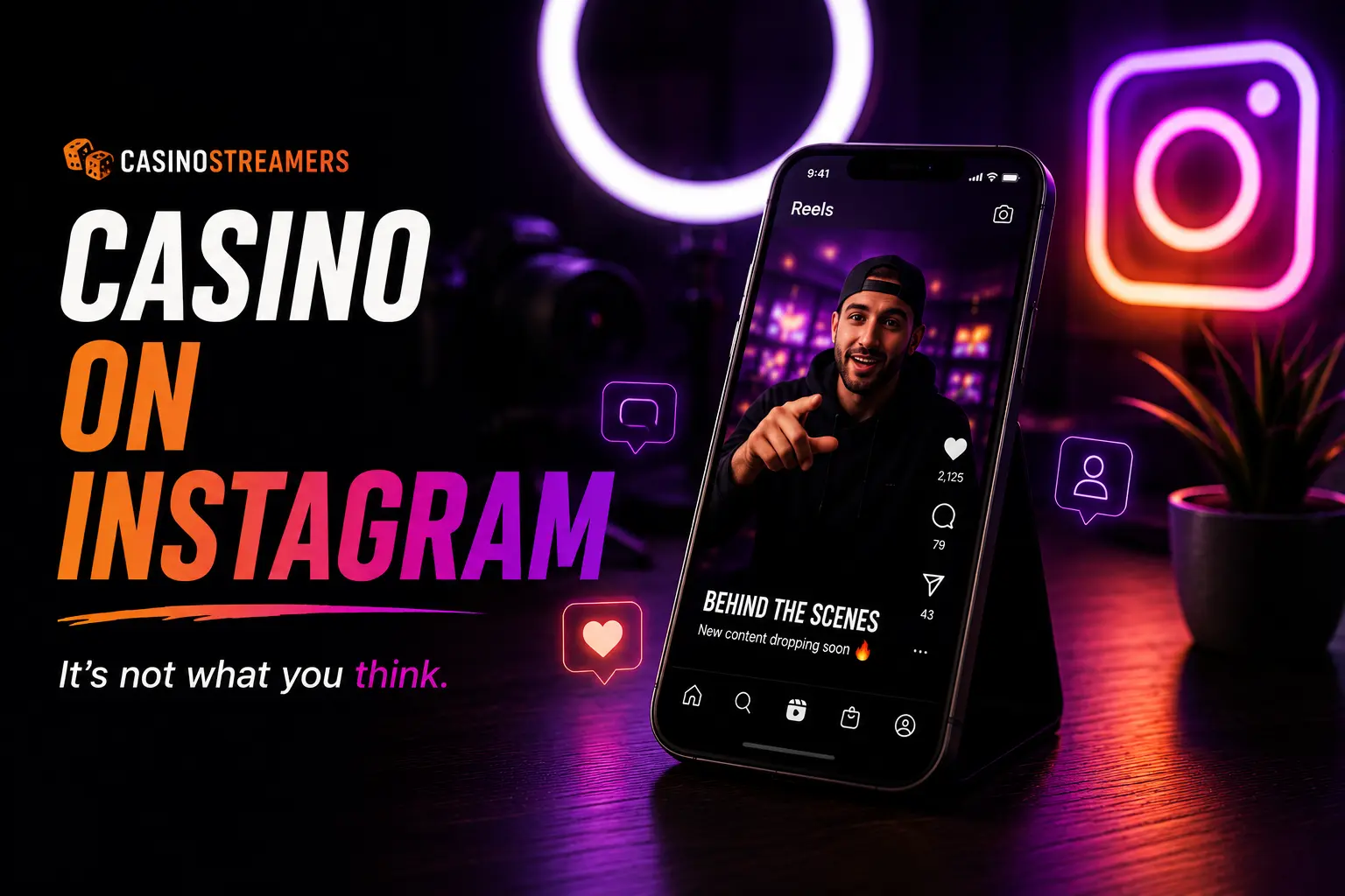 Illustration of a creator using Instagram Reels with a smartphone, ring light and Instagram branding, representing Instagram content strategies for casino streamers.