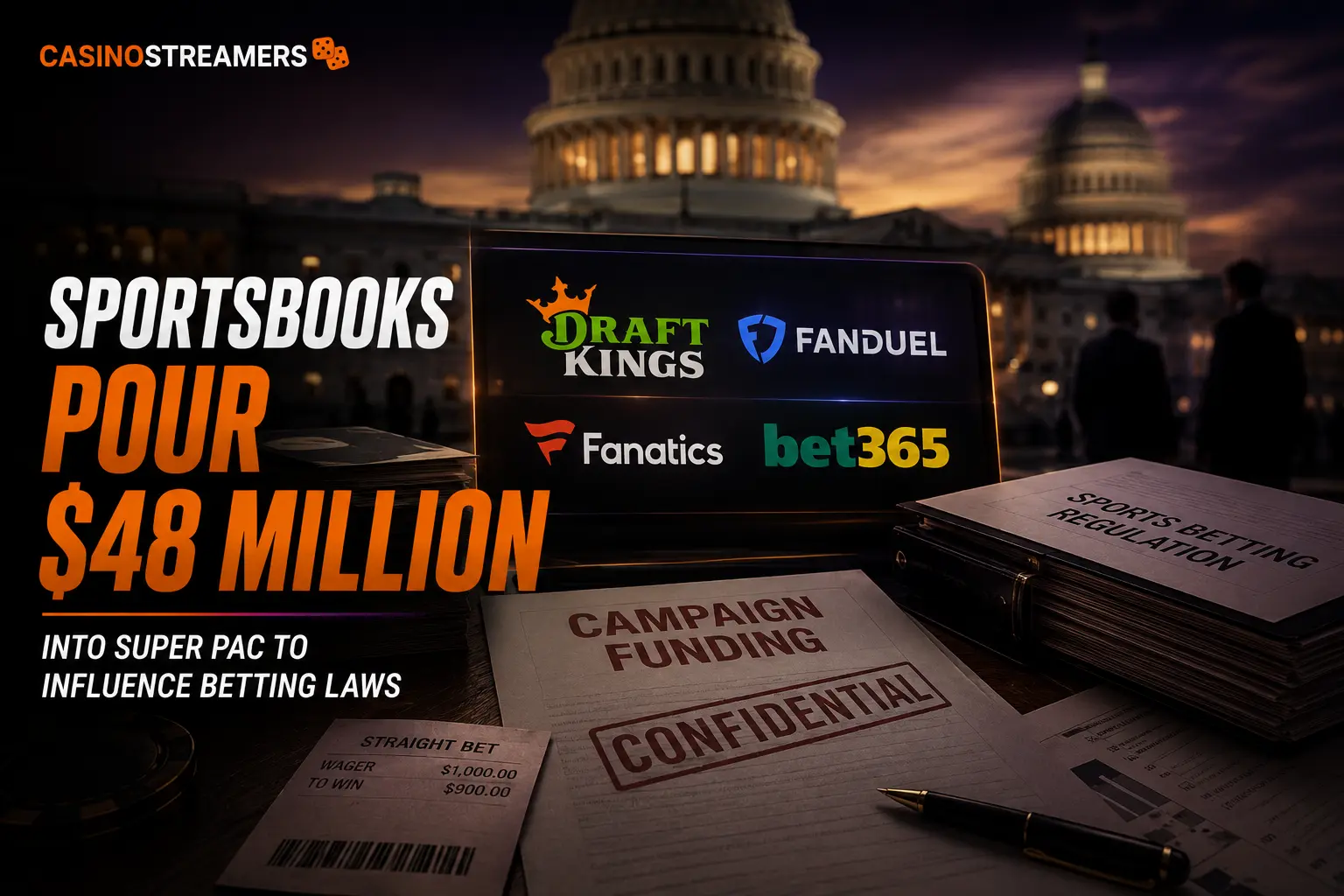 Editorial illustration of major sportsbooks funding political campaigns to influence U.S. sports betting laws.