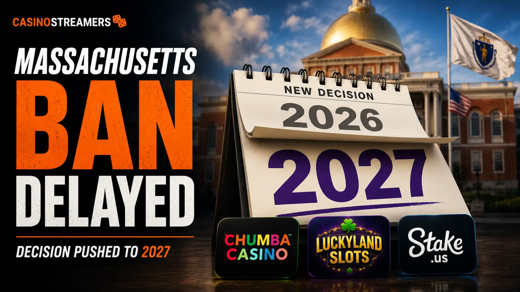 Calendar displaying 2027 in front of the Massachusetts State House with sweepstakes casino platform logos below.