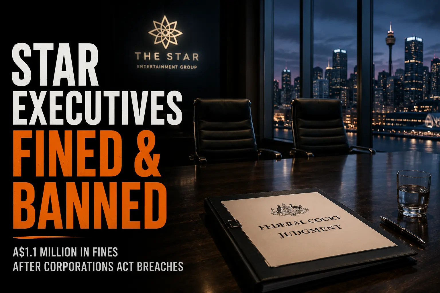 Corporate boardroom overlooking the Sydney skyline with a Federal Court judgment file on the meeting table.