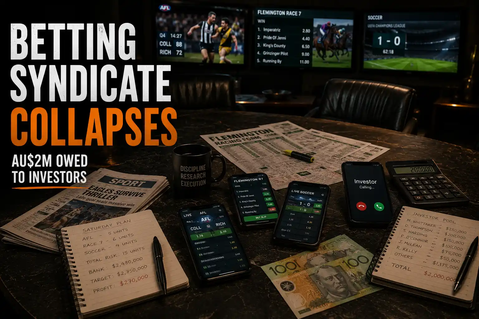 Sports betting workspace with live odds, racing forms and investor calls after an Australian betting syndicate collapse.