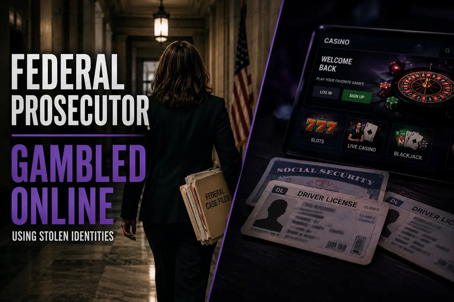 Woman carrying legal case files beside an online casino interface and generic identity cards in a split-screen design.
