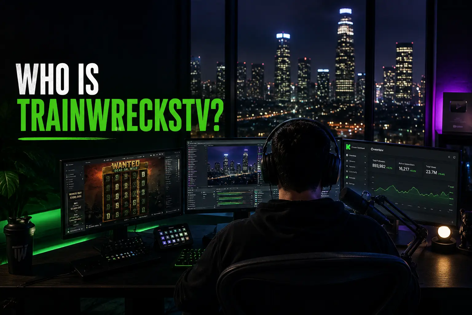 Man sitting at a multi-monitor streaming setup overlooking a city skyline with streaming software, analytics and gaming screens.