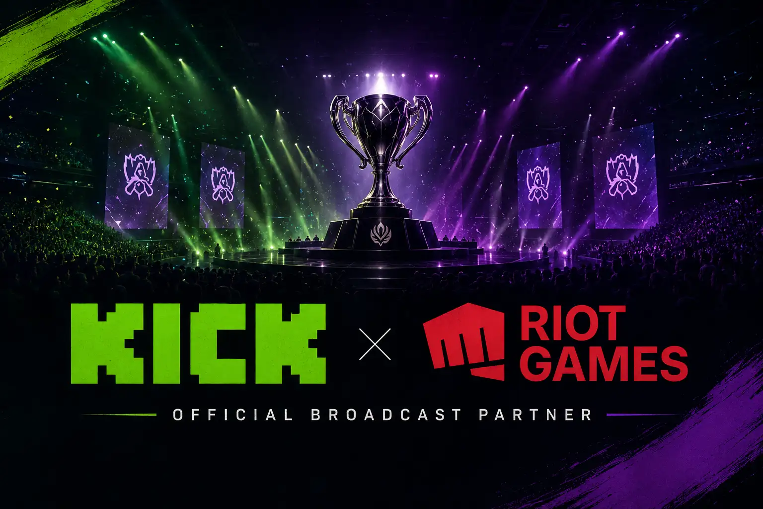 Esports arena with a championship trophy, featuring Kick and Riot Games branding during a live tournament broadcast.