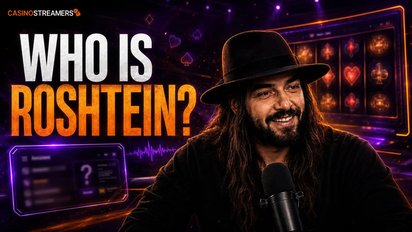 Roshtein wearing his signature black hat at a streaming microphone with slot reels and purple casino graphics behind him.