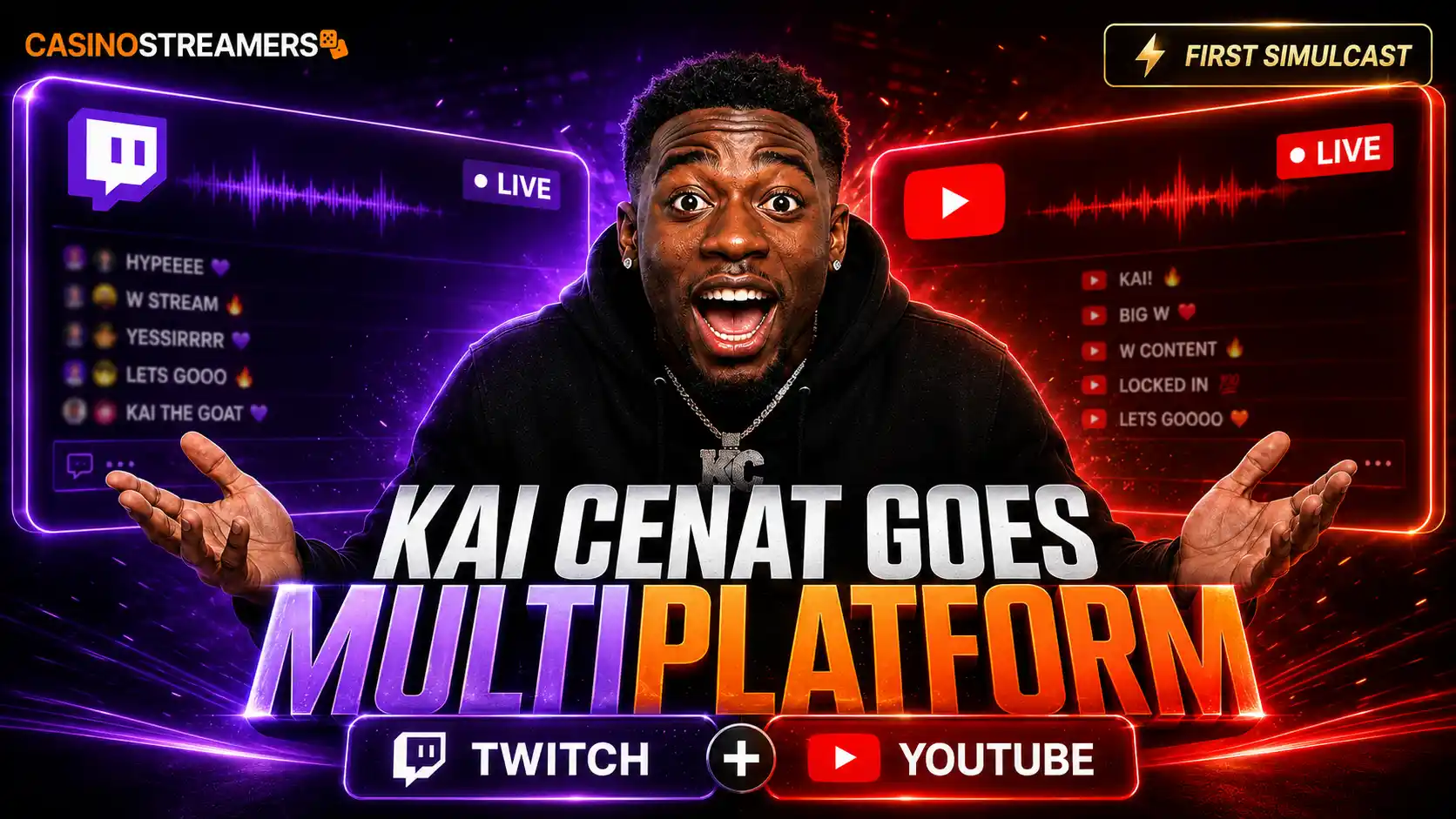 Kai Cenat celebrating between Twitch and YouTube livestream panels following his return to multistreaming.