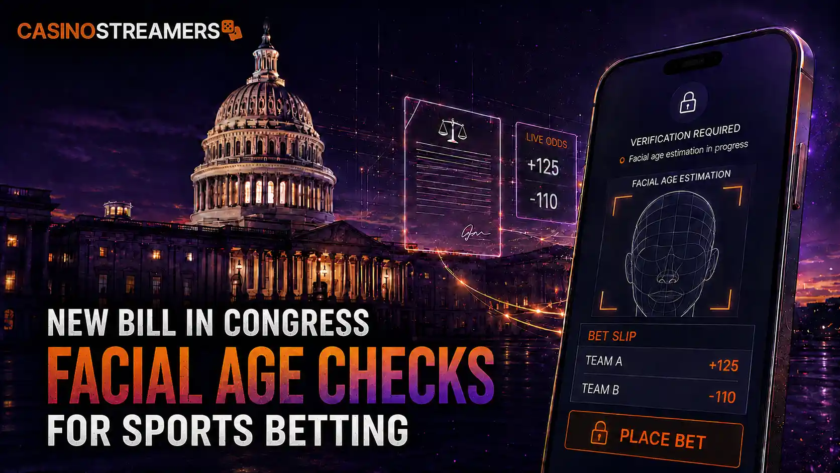 US Capitol beside a sports betting app requiring facial age estimation before a user can place a bet.
