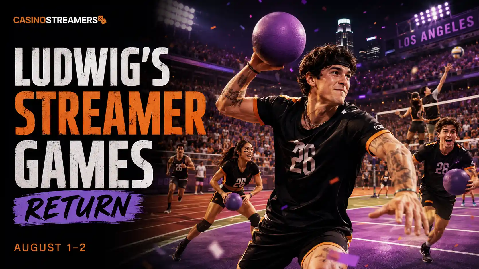 Creators competing in dodgeball at Ludwig’s Streamer Games in a packed Los Angeles athletics stadium.