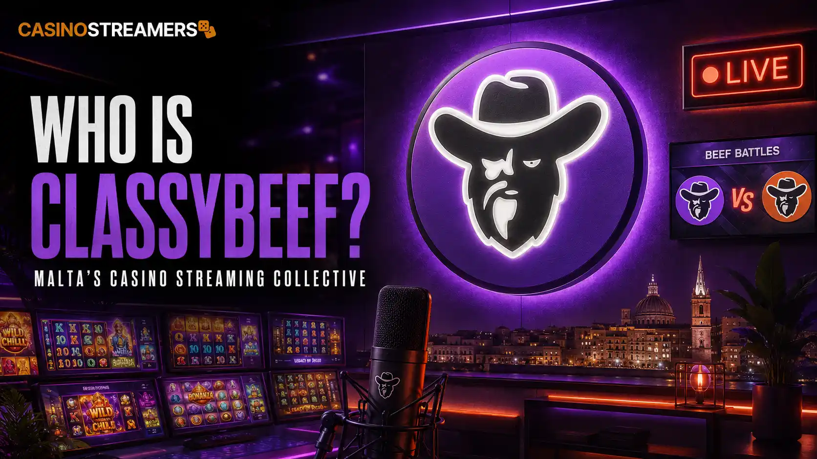 Classybeef cowboy logo displayed inside a Malta-based casino streaming studio with slot screens and a Beef Battles display.