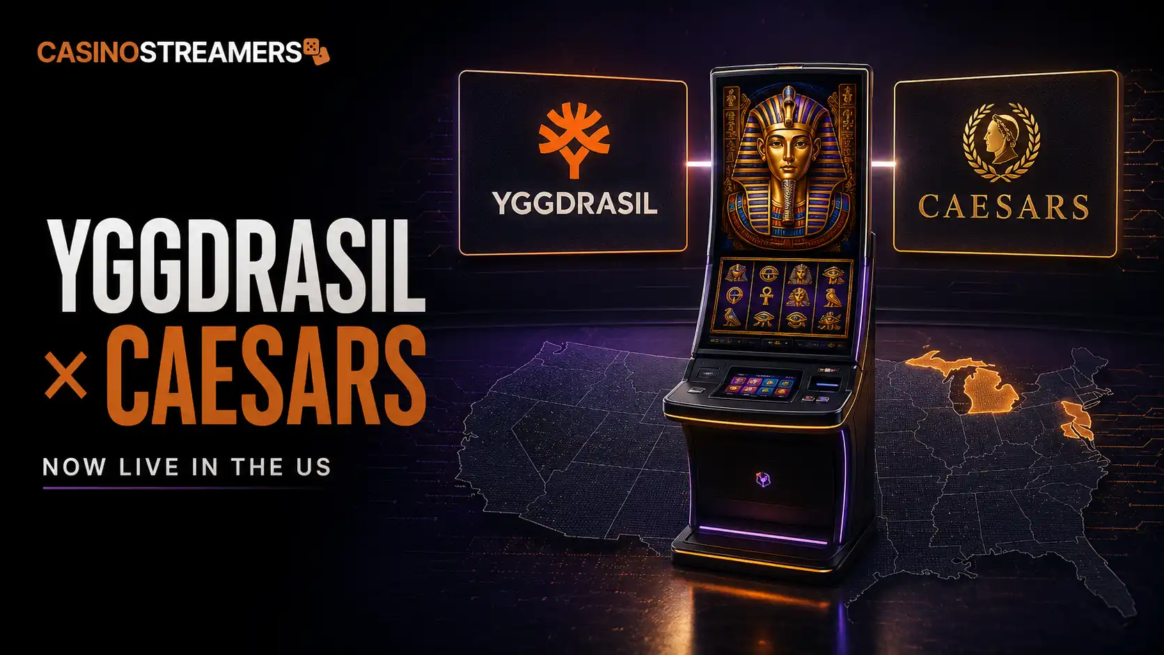 Yggdrasil and Caesars branding beside an Egypt-themed slot cabinet on a US map highlighting Michigan and New Jersey.