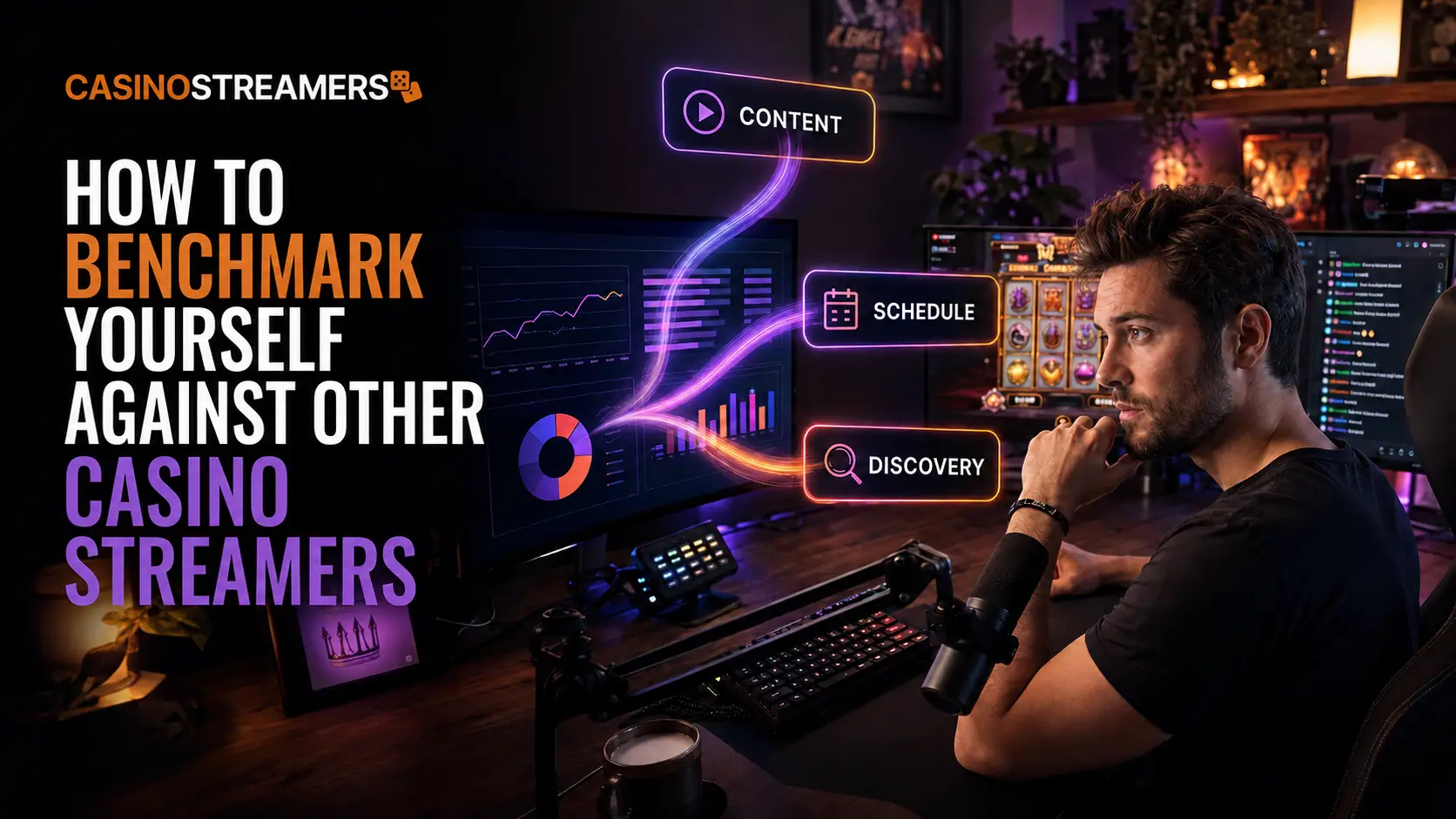 Casino streamer reviewing analytics related to content, streaming schedule and audience discovery.