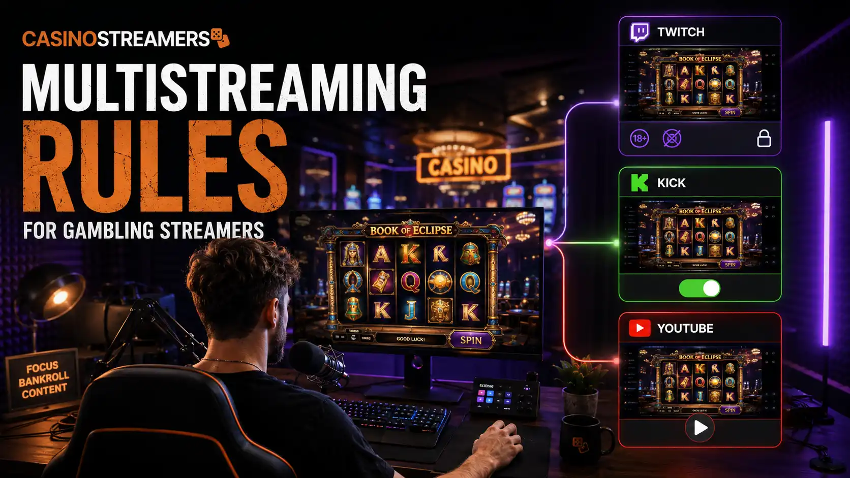 Casino streamer broadcasting slot gameplay simultaneously on Twitch, Kick and YouTube from a multistreaming setup.