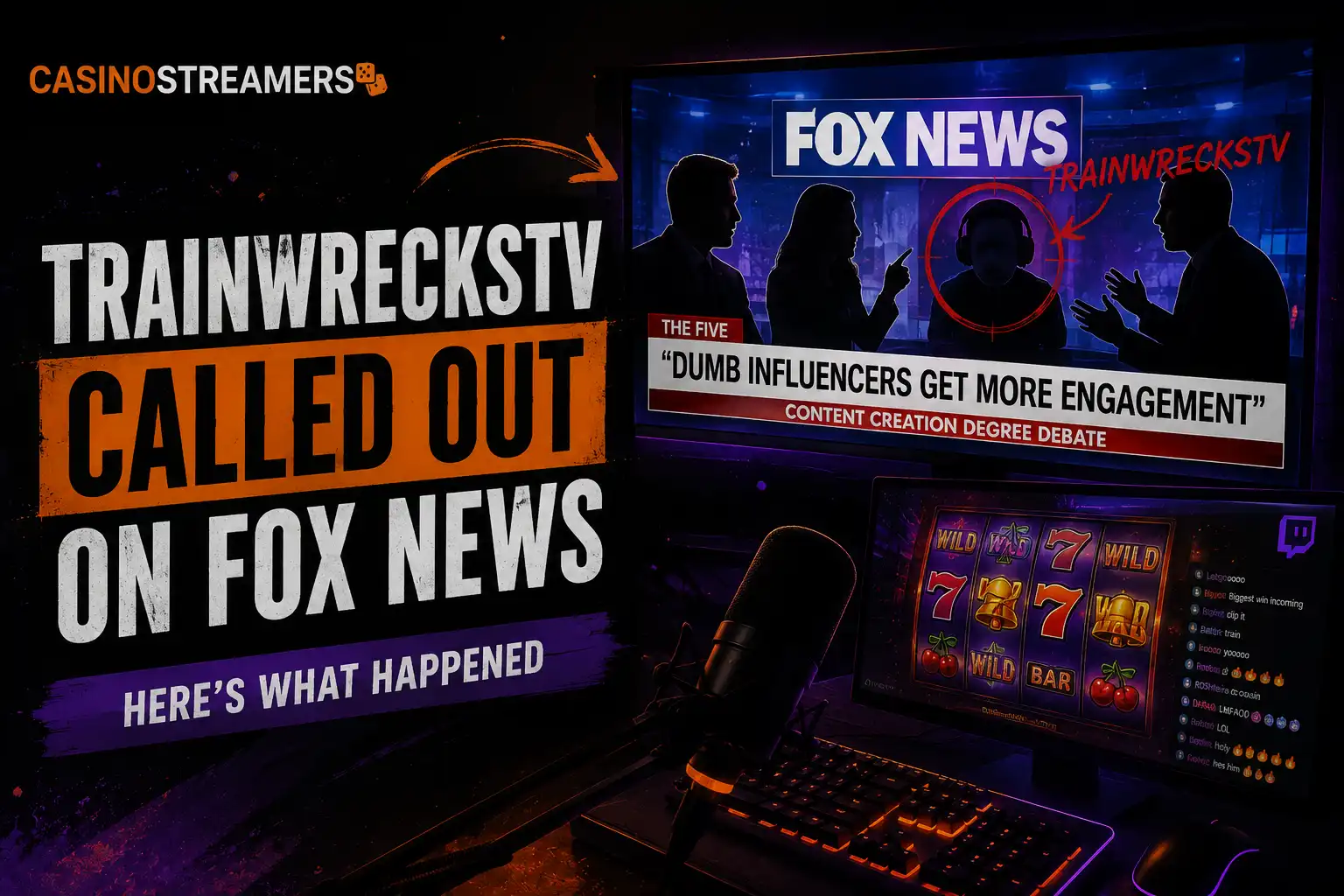 TV debate panel discussing a casino streamer with a streaming setup and slot game in the foreground.