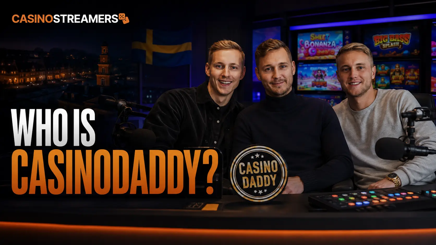 The three Joelsson brothers sitting together at a casino streaming desk with slot games and a Swedish flag behind them.